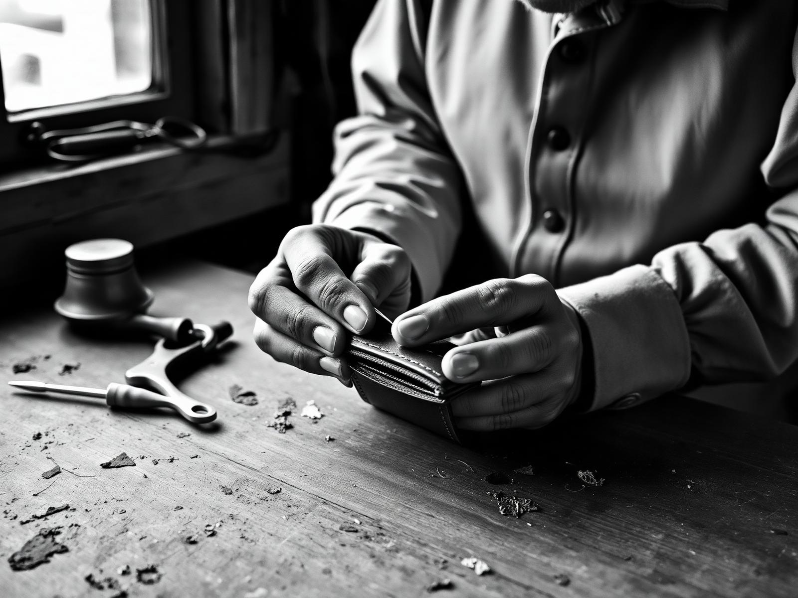 A master leather craftsman hand-stitching at a workbench