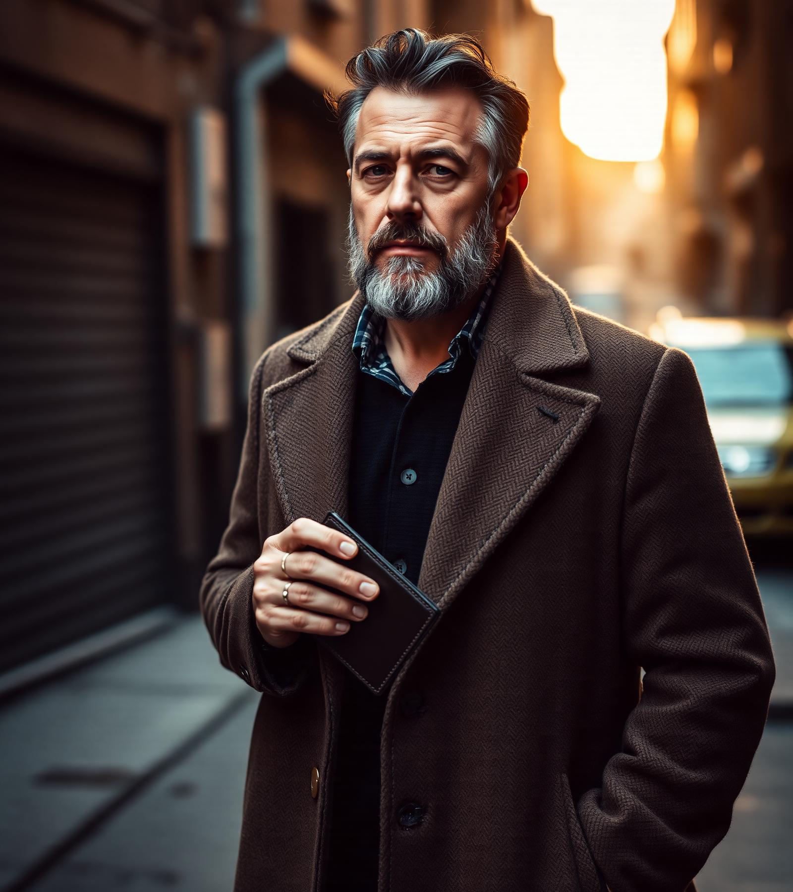 A man in a wool coat holding the WOLFPEAK bifold
